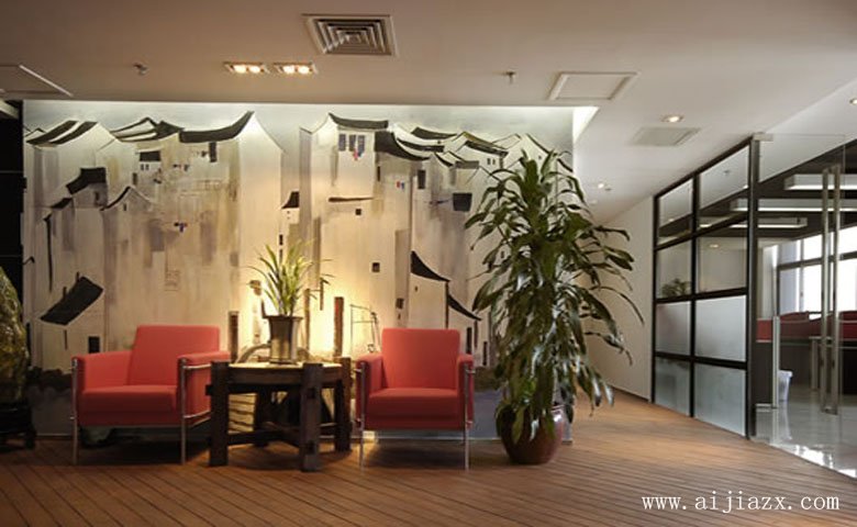 大方質樸的中式風格辦公室接待區(qū)裝修效果圖